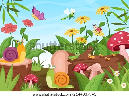 Beautiful Garden Cartoon Background Illustration With Scenery Nature of Plants, Various Animals, Flowers, Tree and Green Grass in Flat Design Style