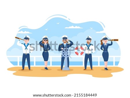 Cruise Ship Captain Cartoon Illustration in Sailor Uniform Riding a Ships, Looking with Binoculars or Standing on the Harbor in Flat Design Foto stock © 