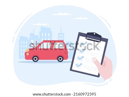 Car Inspection of The Station Detects Faults, Draws up a Checklist of All Breakdowns, Repair and Analysis Transport in Flat Cartoon Illustration