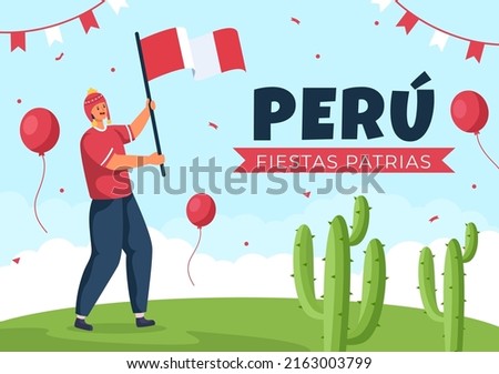 Felices Fiestas Patrias or Peruvian Independence Day Cartoon Illustration with Flag and Cute People for National Holiday Peru Celebration on 28 july in Flat Style Background