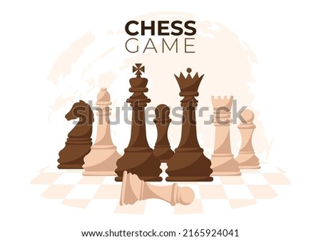 Chequered Chess Board Cartoon Background Illustration with Black and White Pieces for Hobby Activity, Competition or Tournament