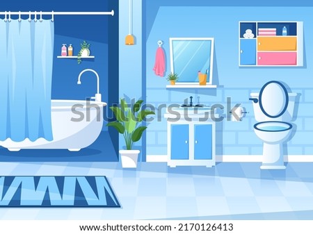 Modern Bathroom Furniture Interior Background Illustration with Bathtub, Faucet Toilet Sink to Shower and Clean up in Flat Color Style