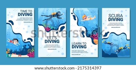 Diving Social Media Stories Template Flat Cartoon Background Vector Illustration