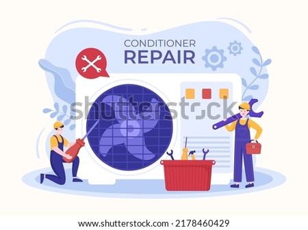 Air Conditioner Repair or Installation Illustration with Unit Breakdown, Maintenance Service, Cooling System in Flat Style Cartoon Concept