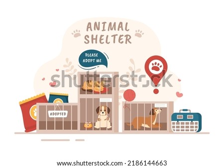 Animal Shelter Cartoon Illustration with Pets Sitting in Cages and Volunteers Feeding Animals for Adopting in Flat Hand Drawn Style Design