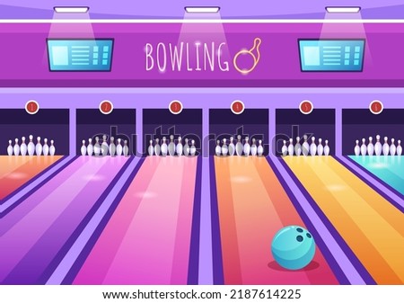 Bowling Game Hand Drawn Cartoon Flat Background Design Illustration with Pins, Balls and Scoreboards in a Sport Club or Activity Competition