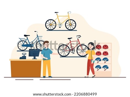 Bike Shop with Shoppers People Choosing Cycles, Accessories or Gear Equipment for Riding in Template Hand Drawn Cartoon Flat Illustration