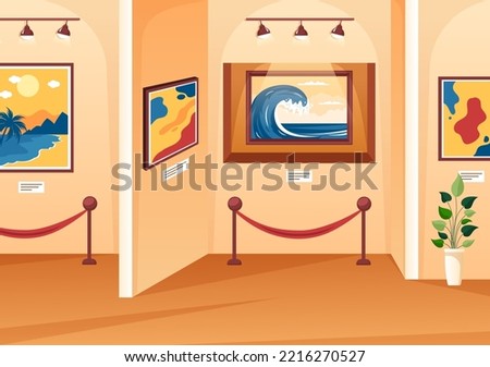 Art Gallery on Museum of Exhibition Visitors Viewing Modern Abstract Paintings at Contemporary and Photo in Flat Cartoon Hand Template Illustration