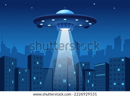 UFO Flying Spaceship with Rays of Light in Sky Night City View and Alien in Flat Cartoon Hand Drawn Templates Illustration