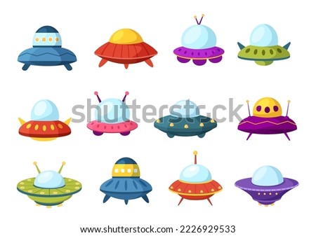 UFO Flying Spaceship with Rays of Light in Sky Night City View and Alien in Flat Cartoon Hand Drawn Templates Illustration