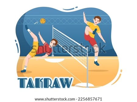 Sepak Takraw Illustration with Athlete Playing Kick Ball on Court in Flat Sports Game Competition Cartoon Hand Drawn for Landing Page Template