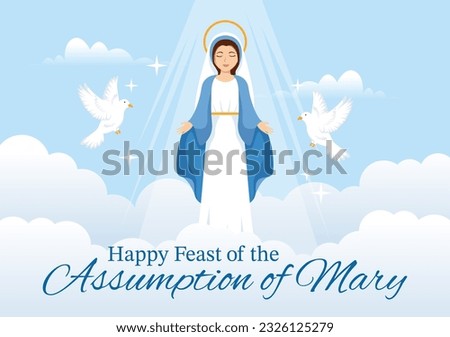 Assumption of Mary Vector Illustration with Feast of the Blessed Virgin and Doves in Heaven in Flat Cartoon Hand Drawn Background Templates