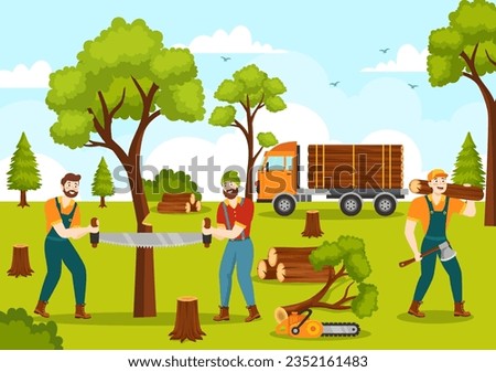 Men Chopping Wood and Cutting Tree with Lumberjack Work Equipment Machinery or chainsaw in Flat Cartoon Background Templates Vector Illustration