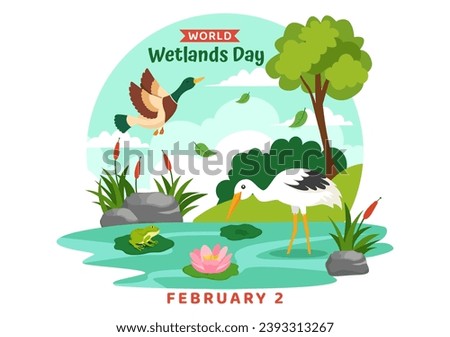World Wetlands Day Vector Illustration on 2 February with Stork Animals and Garden Background in Holiday Celebration Flat Cartoon Design