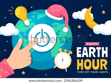 Happy Earth Hour Day Vector Illustration with Cloud, Light bulb, World Map and Time to Turn Off in Flat Cartoon Background Design