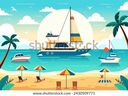 Yachts Vector Illustration with Ferries Cargo Boats and Ship Sailboat of Water Transport at the Beach in Sunset Flat Cartoon Background