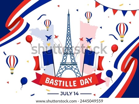 Happy Bastille Day Vector Illustration on 14 july with French Flag, Ribbon and Eiffel Tower in National Holiday Flat Cartoon Background