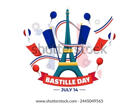 Happy Bastille Day Vector Illustration on 14 july with French Flag, Ribbon and Eiffel Tower in National Holiday Flat Cartoon Background