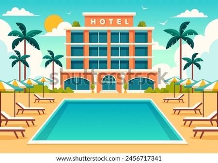 Hotel Vector Illustration of interior and exterior with building on green grass, beach and promenade street and palm trees in Flat Cartoon Background