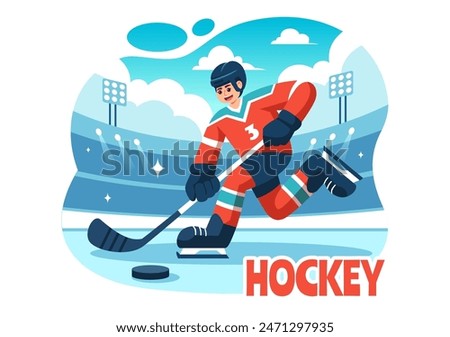 Ice Hockey Player Sport Vector Illustration featuring a Helmet, Stick, Puck, and Skates on an Ice Surface for Game or Championship in a Flat Cartoon