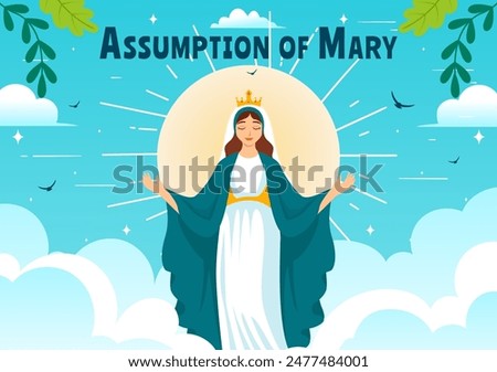 Assumption of Mary Christian Vector Illustration Featuring the Feast of the Blessed Virgin with Doves and Angels in Heaven in a Flat Background