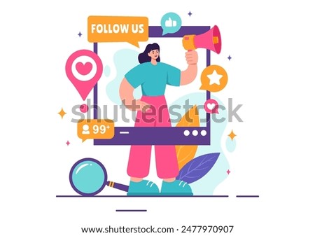 Follow Us and Like Vector Illustration for Internet Advertisements of Social Media Users Following an Interesting Page, Set in a Flat Background