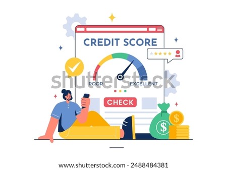 Credit Score Vector Illustration with Loan Arrow Gauge Speedometer Indicator Showing Ratings from Poor to Good in a Flat Cartoon Style Background