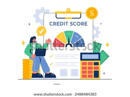 Credit Score Vector Illustration with Loan Arrow Gauge Speedometer Indicator Showing Ratings from Poor to Good in a Flat Cartoon Style Background