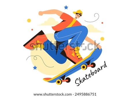 Skateboard Vector Illustration with Skateboarders Jumping on a Springboard in a Skatepark in Extreme Sports on Flat Style Cartoon Background