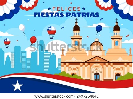 Translation : Happy Chile Independence Day Vector Illustration. with Waving Flag and Ribbon in National Holiday Flat Style Cartoon Background