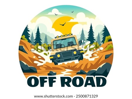 Off Road Vector Illustration of a Jeep or SUV Traversing Rocky Terrain, Rivers, and Sand in a Flat Extreme Sport Style Cartoon Background