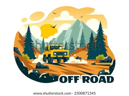 Off Road Vector Illustration of a Jeep or SUV Traversing Rocky Terrain, Rivers, and Sand in a Flat Extreme Sport Style Cartoon Background