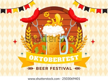 Happy Oktoberfest Party Festival Vector Illustration with Beer, Sausage, Gingerbread, Barrels, German Flag, and Wheat in the Flat Style Background