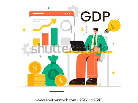 GDP or Gross Domestic Product Vector Illustration with Economic Growth Columns and Market Productivity Charts in a Flat Style Cartoon Background