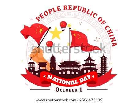 National Day of the People's Republic of China Vector Illustration for October 1st featuring a Waving Flag and Asian Elements in a Flat Red Background