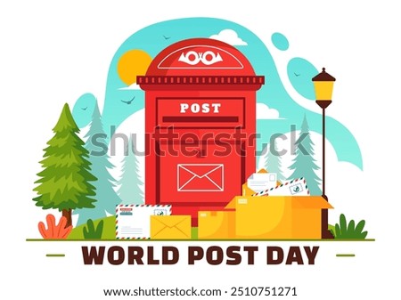 World Post Day Vector Illustration on October 9, Featuring a Red Mailbox Accepting Mail, Letters, and Parcels in a Flat Style Cartoon Background