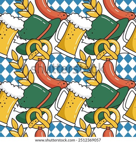 Festive Oktoberfest Seamless Pattern Design with Flat Cartoon Illustrations, featuring Traditional Elements Like Beer, Pretzels, and Bavarian Culture