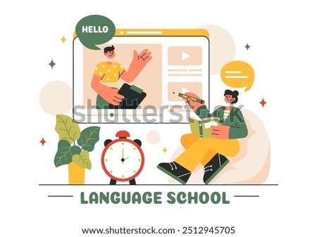 Language School Vector Illustration of Online Learning, Courses, Training Programs, and Studying Foreign Languages Abroad in a Flat Style Background