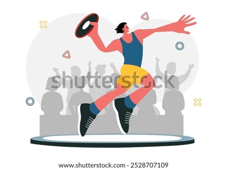 Discus Throw Athletics Vector Illustration featuring an Athlete Throwing a Wooden Disc in a Sports Championship with a Flat Style Cartoon Background