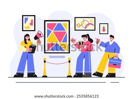 Photo Gallery Vector Illustration featuring Museum Visitors Viewing an Exhibition of Modern Abstract Paintings and Pictures in a Contemporary Design