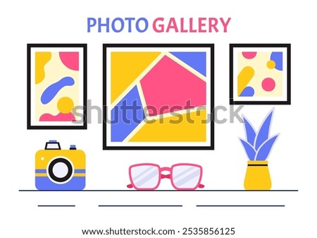 Photo Gallery Vector Illustration featuring Museum Visitors Viewing an Exhibition of Modern Abstract Paintings and Pictures in a Contemporary Design