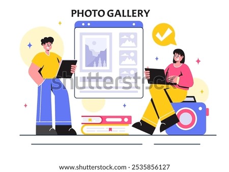 Photo Gallery Vector Illustration featuring Museum Visitors Viewing an Exhibition of Modern Abstract Paintings and Pictures in a Contemporary Design