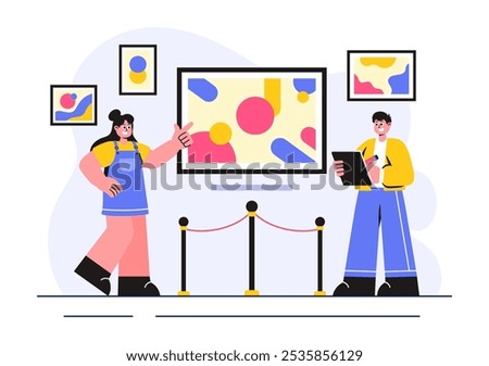 Photo Gallery Vector Illustration featuring Museum Visitors Viewing an Exhibition of Modern Abstract Paintings and Pictures in a Contemporary Design