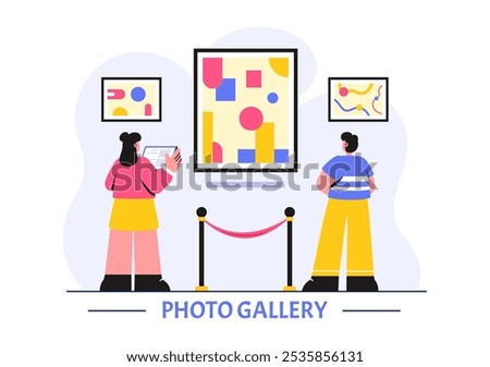 Photo Gallery Vector Illustration featuring Museum Visitors Viewing an Exhibition of Modern Abstract Paintings and Pictures in a Contemporary Design