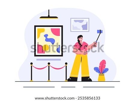 Photo Gallery Vector Illustration featuring Museum Visitors Viewing an Exhibition of Modern Abstract Paintings and Pictures in a Contemporary Design