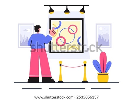 Photo Gallery Vector Illustration featuring Museum Visitors Viewing an Exhibition of Modern Abstract Paintings and Pictures in a Contemporary Design