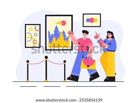 Photo Gallery Vector Illustration featuring Museum Visitors Viewing an Exhibition of Modern Abstract Paintings and Pictures in a Contemporary Design