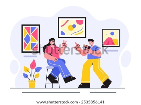 Photo Gallery Vector Illustration featuring Museum Visitors Viewing an Exhibition of Modern Abstract Paintings and Pictures in a Contemporary Design