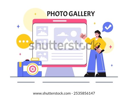 Photo Gallery Vector Illustration featuring Museum Visitors Viewing an Exhibition of Modern Abstract Paintings and Pictures in a Contemporary Design