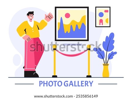 Photo Gallery Vector Illustration featuring Museum Visitors Viewing an Exhibition of Modern Abstract Paintings and Pictures in a Contemporary Design